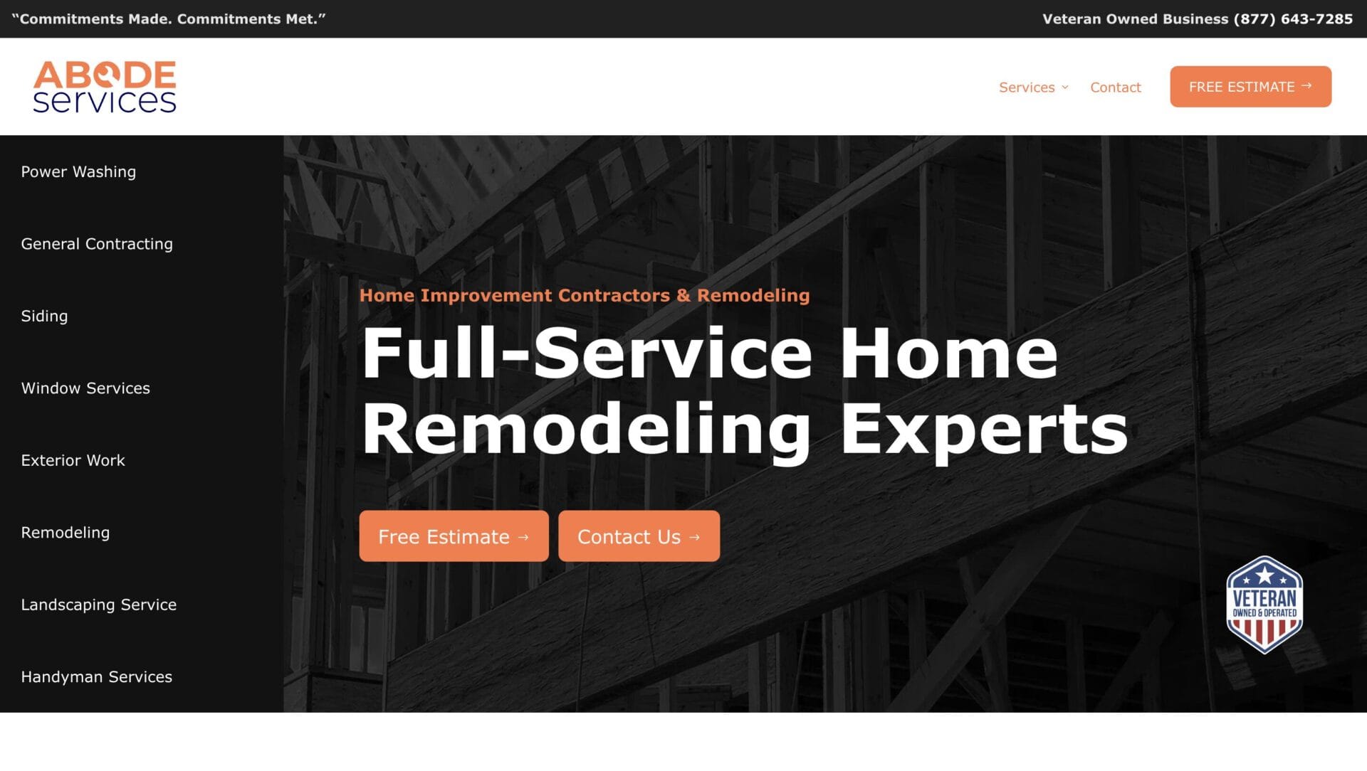 Abode Services Website Home page of Abode Services website